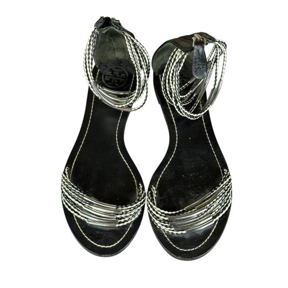 Tory Burch Annabelle Black White Twist Strap Sandals Size 7.5 Zip Back Flat - Picture 3 of 8